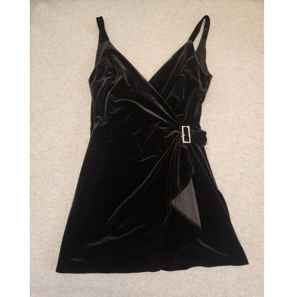 Bershka‎ Romper Womens Small Black Velvet Wrap Front Rhinestone Buckle Mini